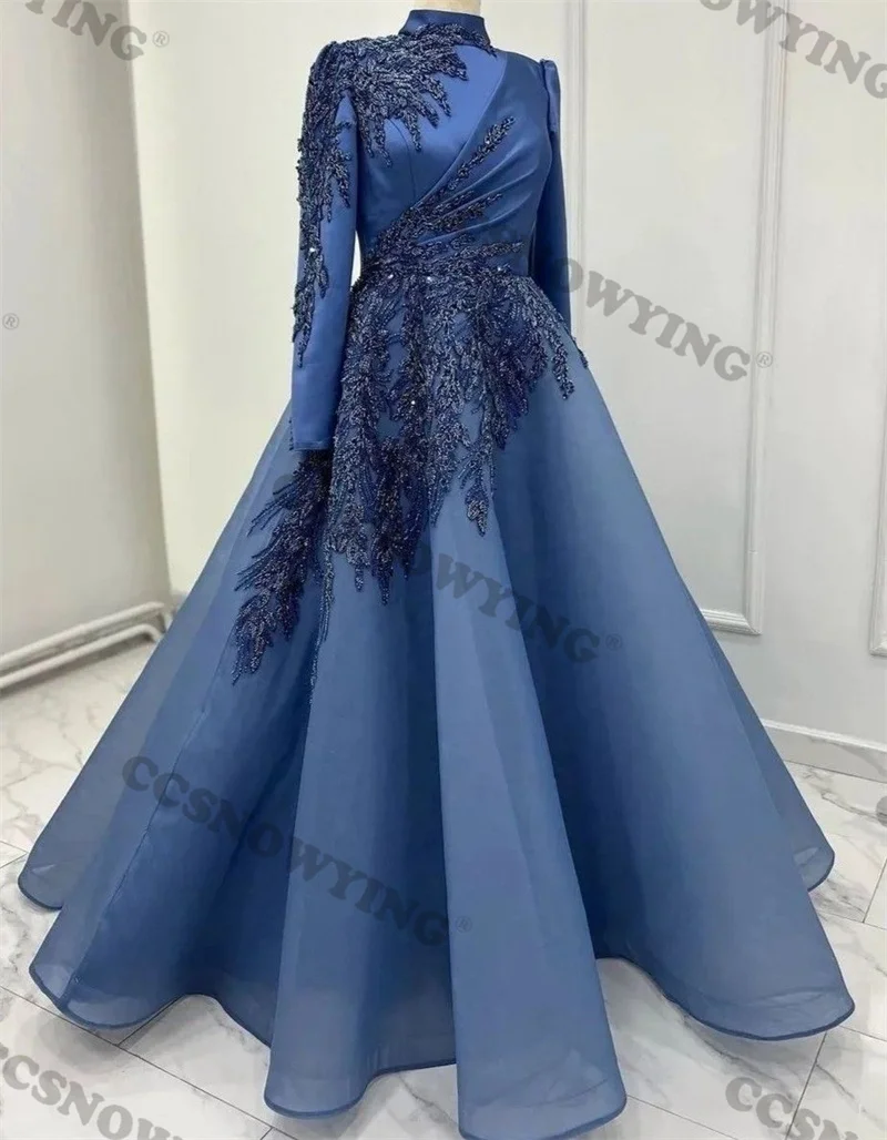 

Organza Appliques Muslim Evening Dresses Long Sleeve Hijab Islamic Women Formal Party Gown Arabic Kaftan Robes De Soirée