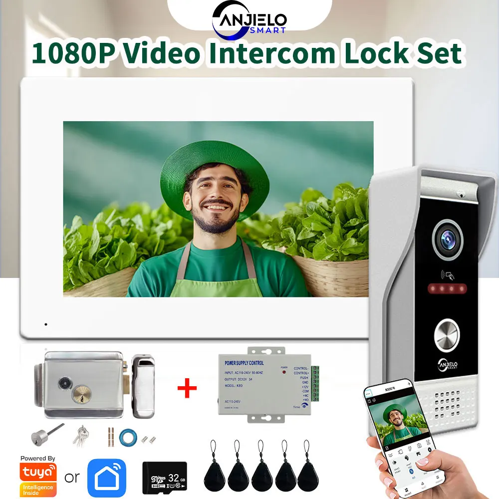ANJIELO 1080P TUYA الذكية قفل هاتف الباب بالفيديو نظام الاتصال الداخلي عبر الفيديو للمنزل شقة جرس الباب المعدني مع فتح البطاقة الممغنطة #1