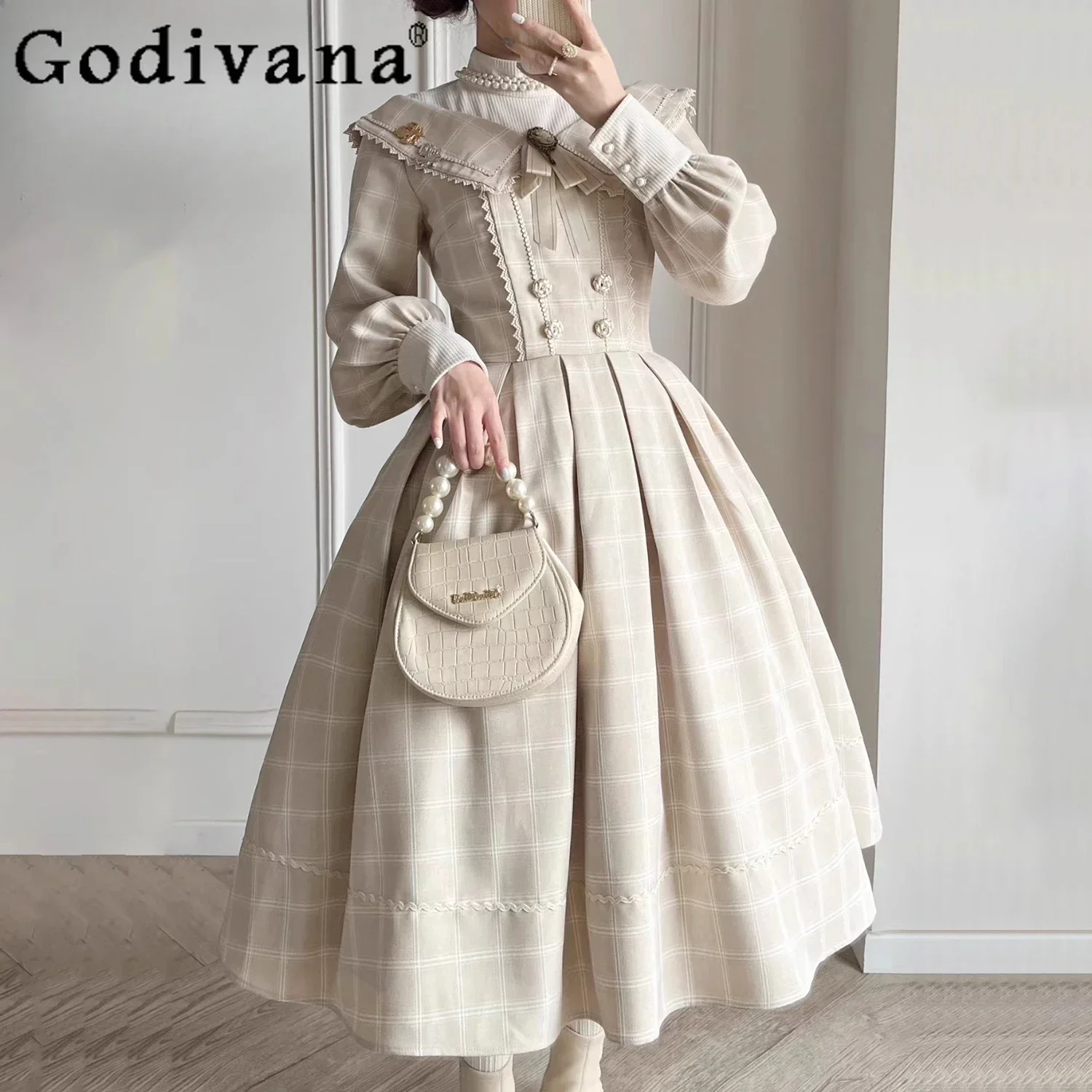 

Lolita Long Sleeve Dress Op Original New Autumn and Winter Cla Series Ladies Vintage Elegant Stand Collar Slim Long Dresses