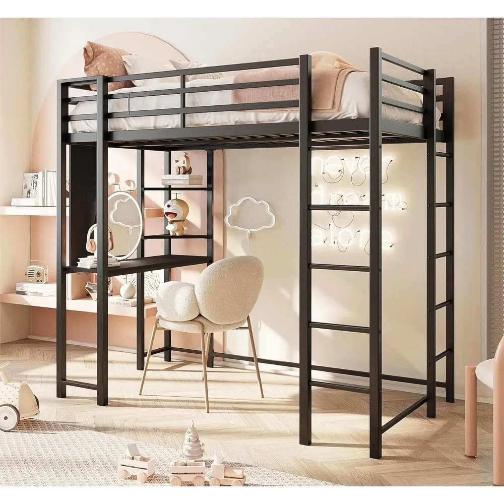 Metal Twin Loft Bed with Desk, Twin Size Loft Bed with 2 Built-in Ladders & Safety Guard, Noise Free for Small Bedroom, Black