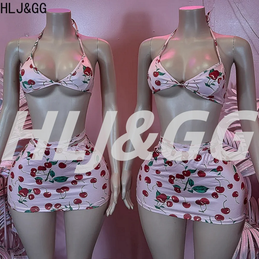 

HLJ Pink Sexy Sweet Cherry Printing Halter Two Piece Sets Women Deep V Sleevless Backless Slim Crop Top And Mini Skirts Outfits