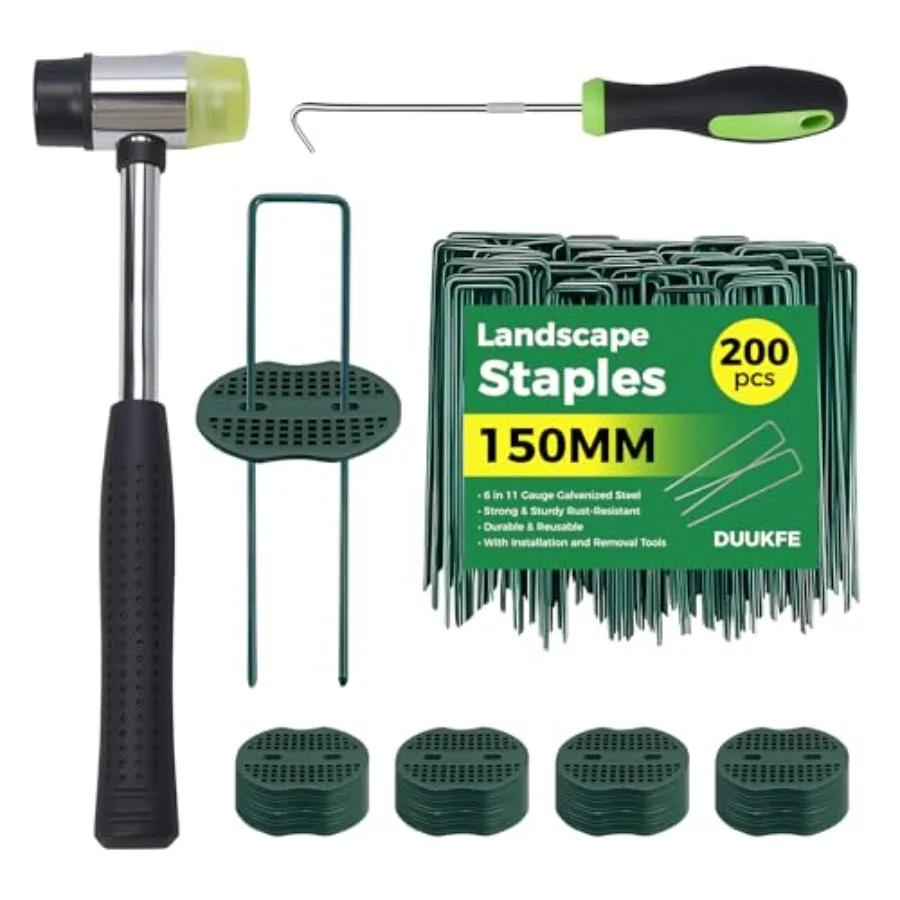 

6 Inch Landscape Fabric Staples Garden Stakes Galvanized + Gasket +Pick Hook +Rubber Mallet U Shaped Weed Barrier Stakes 11 Gau