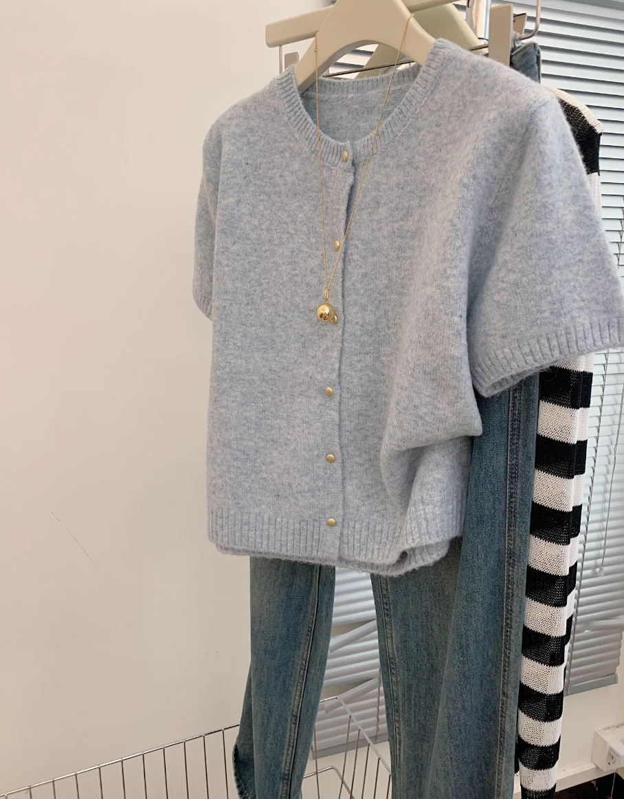 

S-XL Summer New Knitted Women's O-neck Cardigan T-shirt Loose Short Women's Pure Wool Thin Short Sleeve Sweater FRSEUCAG brand