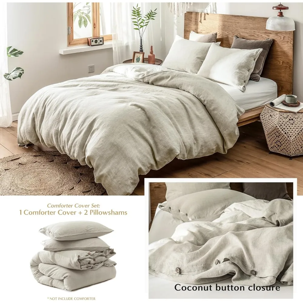 100% Linen Duvet Cover Set, 3 Pieces Belgian Flax Breathable Bedding, 1 Comforter Cover+2 Pillowshams with Coconut Button