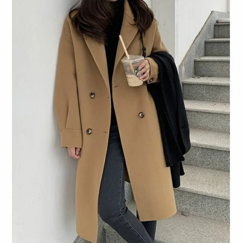 

2023 New Women Woolen Overcoat Mid length version loose turn-down collar outwear thicken warm outcoat fashion casual parkas