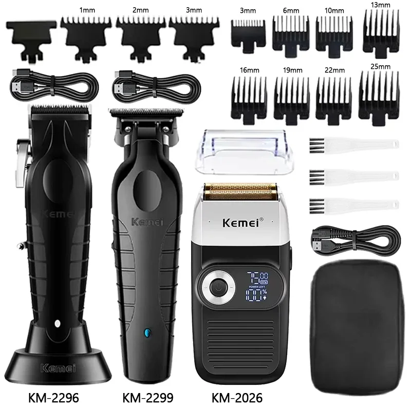 Kemei Men Barber Hair Clippers and Trimmer Kit 0mm Cordless Fading Hair Cutting Machine Combo Electric Shaver for Men Razor