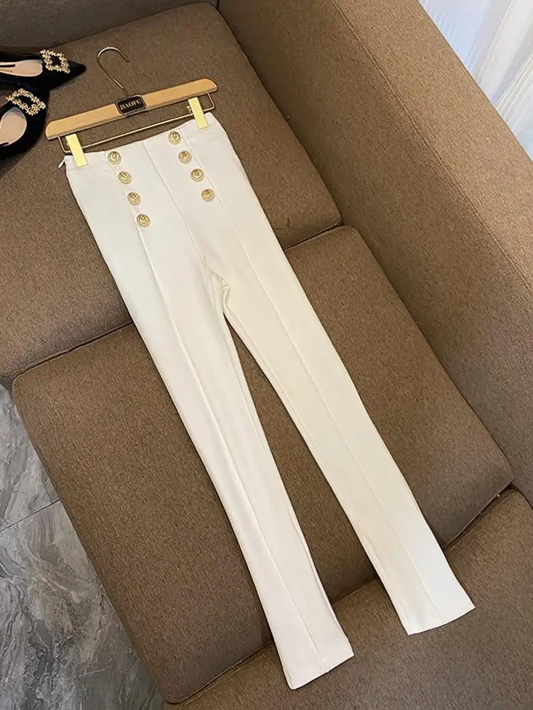 

Новинка 2023 года, утягивающие эластичные длинные брюки с двойной пуговицей и металлическим львом, брюки-карандаш 6685, женские леггинсы Faion