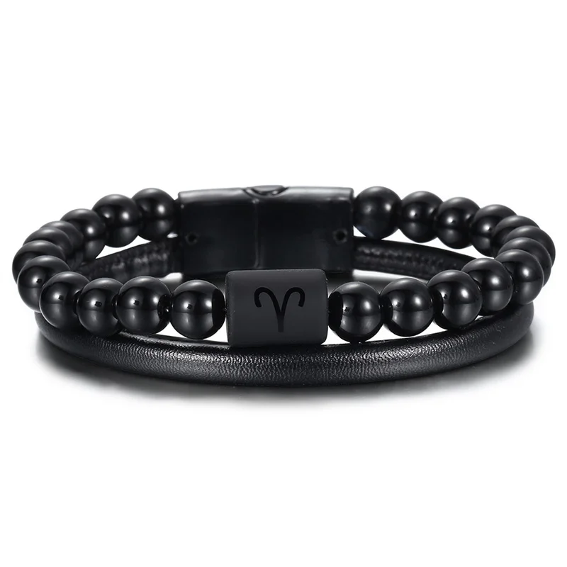 12 Constellation Bracelets Couple Bangles Men 8MM Onyx Agat Stone Beads Leather Cancer Virgo Women Bracelet Friendship Jewelry