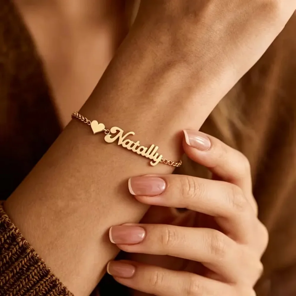 Personalized Heart Name Bracelets For Women Jewelry Stainless Steel Script Nameplate Charm Bracelet Perfect Gift For Her