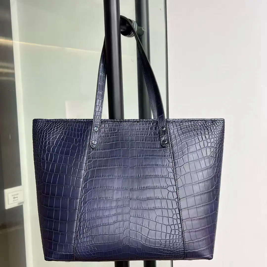 100% genuine real crocodile leather skin women tote handbag blue black color 2026 new design excellent skin lady tote