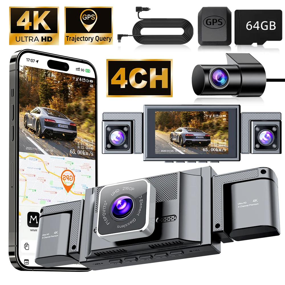 

360 View 4 Channel Dash Cam Front and Rear Left Right Inside Camera for Cars, GPS and 5G Band WiFi, Night Vision, 170 Wide Angle, WDR, 24H Parking Mode, Included 64GB Card