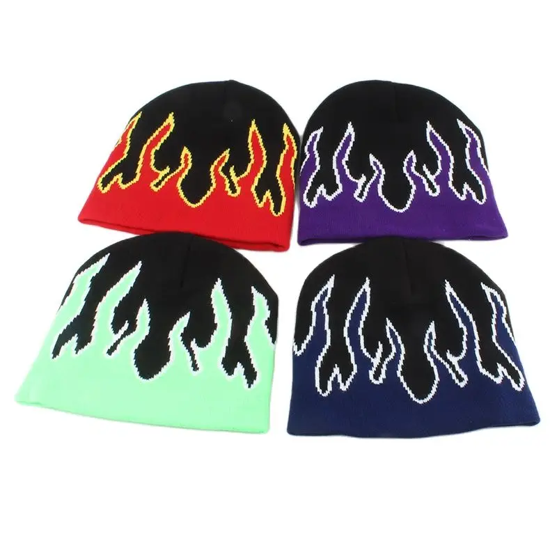 Outdoor Autumn Winter Jacquard Weave Warm Cap Flame Pattern Wool Knitted Hat Street Skull Cap Hip Hop Beanies For Men