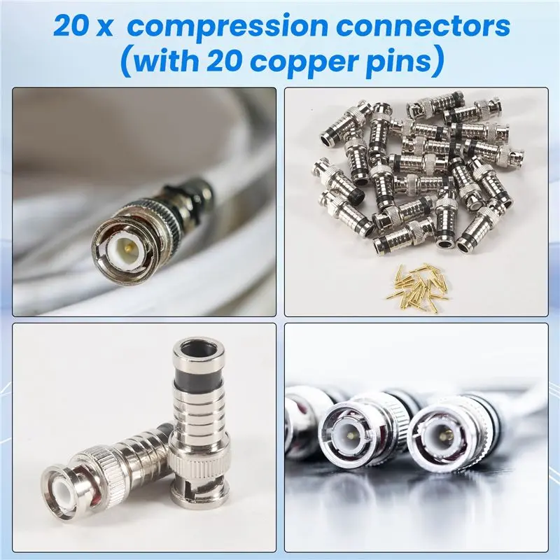AB33-20 Pcs BNC Compression Connector 75 Ohm Coupler With Copper Pin For RG58-59 Crimper Video Plug Extension Coaxial Cable