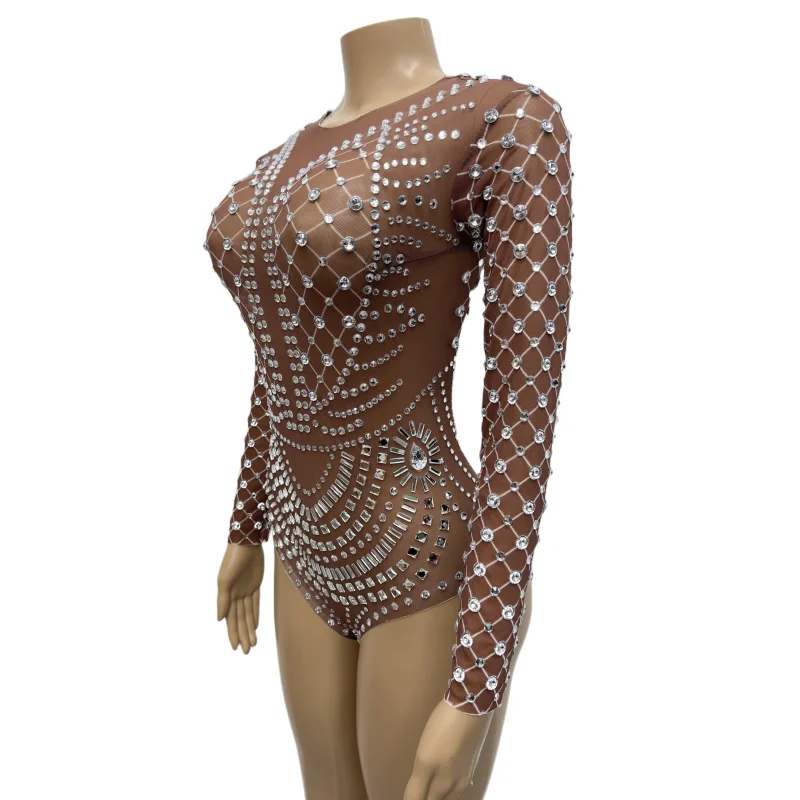 Shining Rhinestones Mesh Leotard Sexy Transparent Bodysuit DJ Dancer Pole Dancing Costume Bar Nightclub Performance Stage Tight