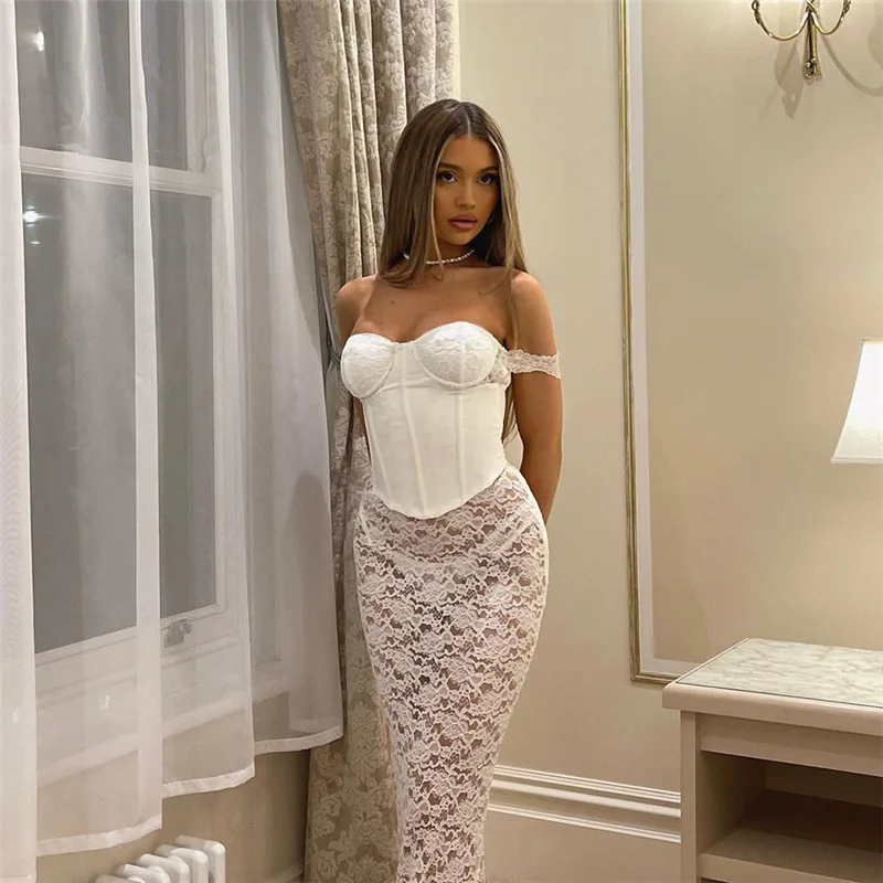 

White Corset Long Bandeau Dress For Women Lace Patchwork Off-shoulder Strapless Sleeveless Backless Sexy Tight Dress 2024