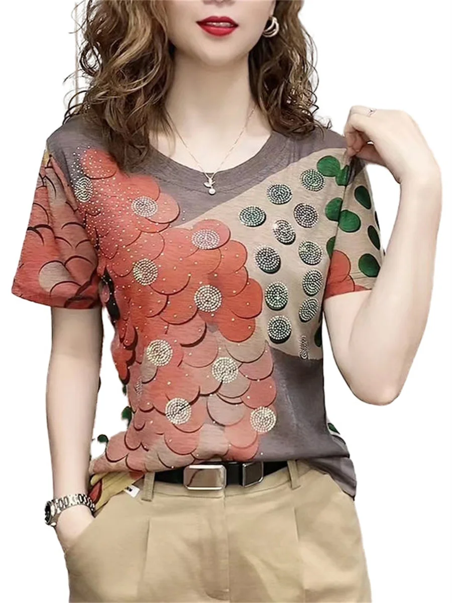 4XL Women Summer Spring Blouses Shirts Lady Fashion Casual Short Sleeve O-Neck Sequins Elasticity T-shirt Blusas Tops WY0730