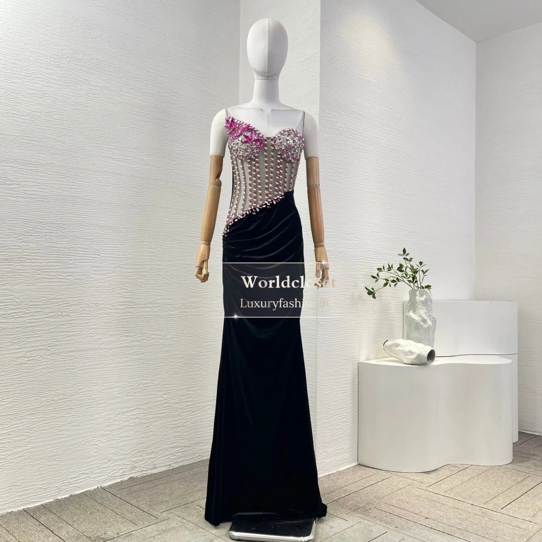 

2025 Black Violet Velvet Diamonds Sequins Tube Maxi Dress for Party