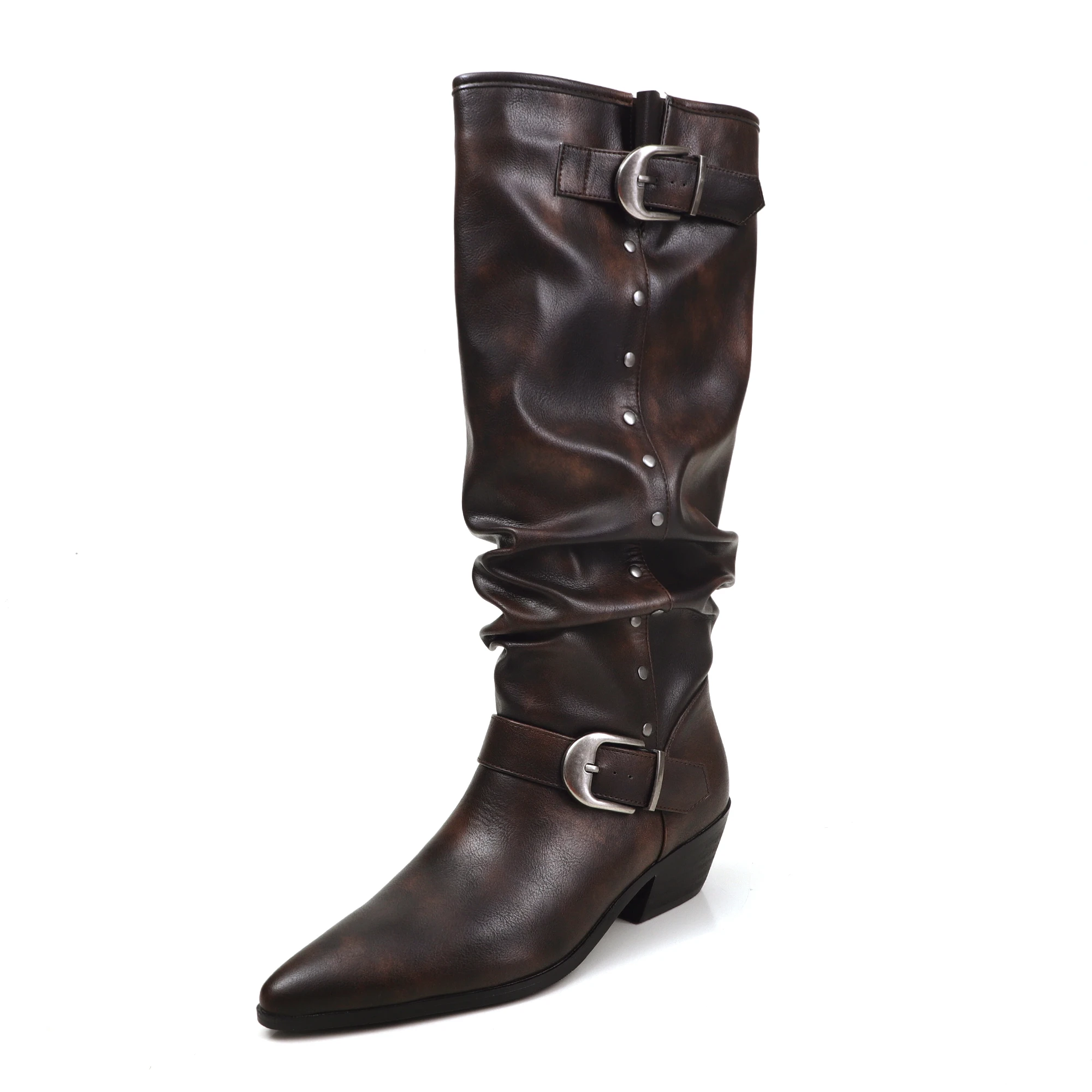 Fashion Winter New Women Knee High Boots Cow Split Leather Wedge High Heels Woman Shoes Pointed Toe Western Buckle Belt Boots
