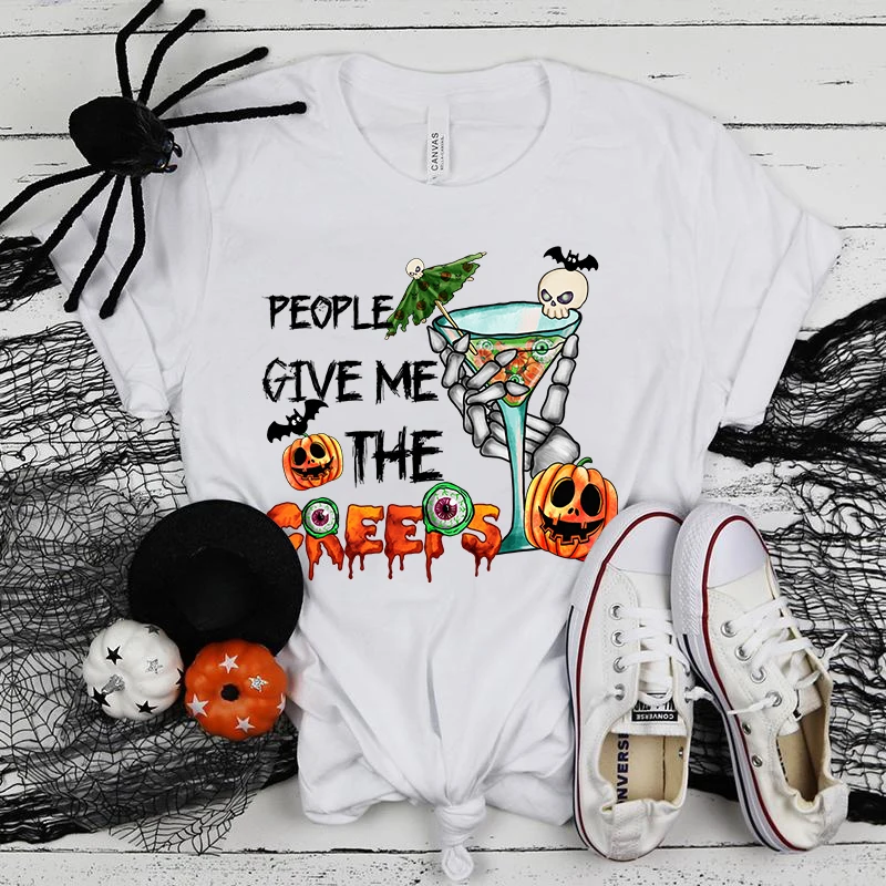 

(Premium T-shirt)Halloween People Give Me The Creeps Print T-Shirts For Women Summer Short Sleeve Round Neck Cute Loose T-Shirt