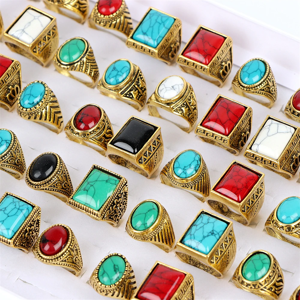 20Pcs/Lot Fashion Vintage Imitation Gemstone Glass Rings For Men Women Mix Color Style Retro Jewelry Party Gifts