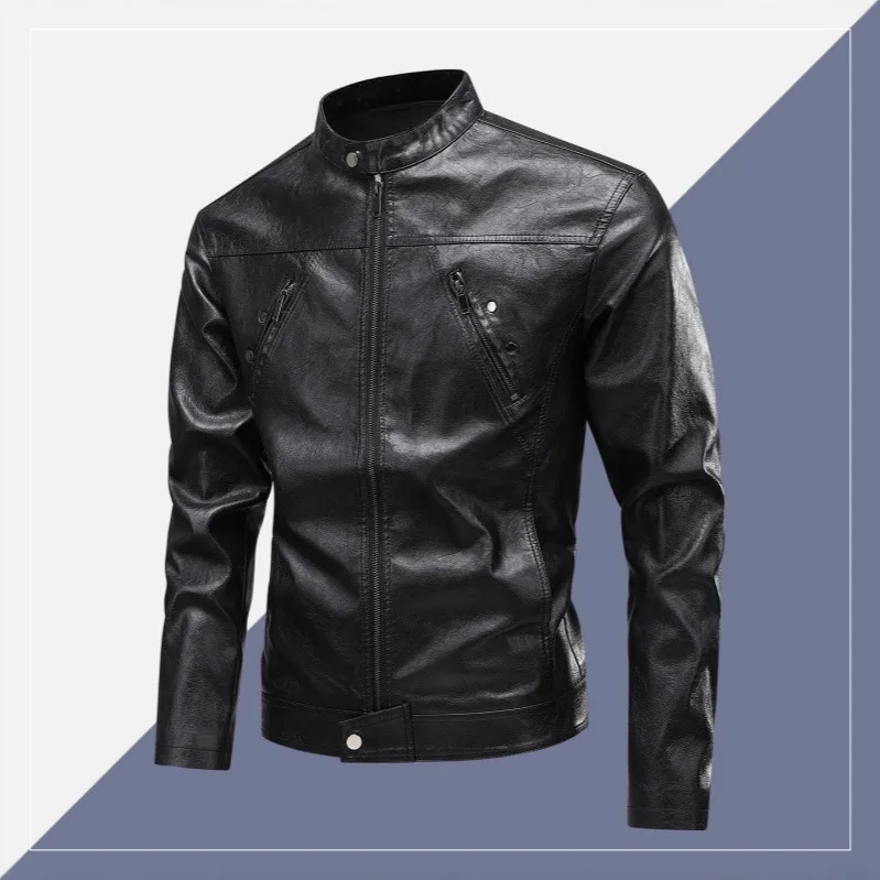 

Autumn Man Leather Coat New High Street Motorcycle Punk Stand Collar Male Jacket Windproof Long Sleeve Zipper Men Outerwear