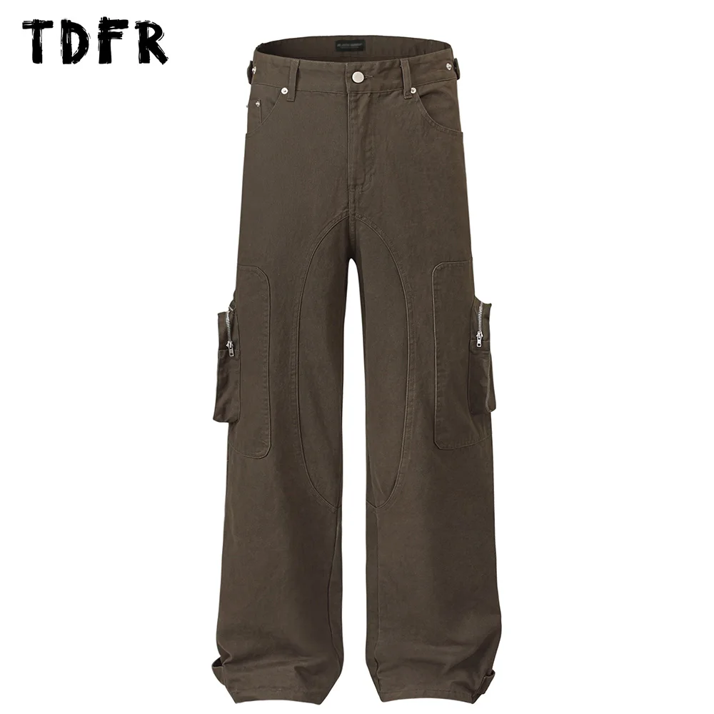 

Zipper Pocket Cargo Pants Mens Safari Style Spliced Solid Color Straight Loose Adjustable Waist Wide Leg Trousers Men