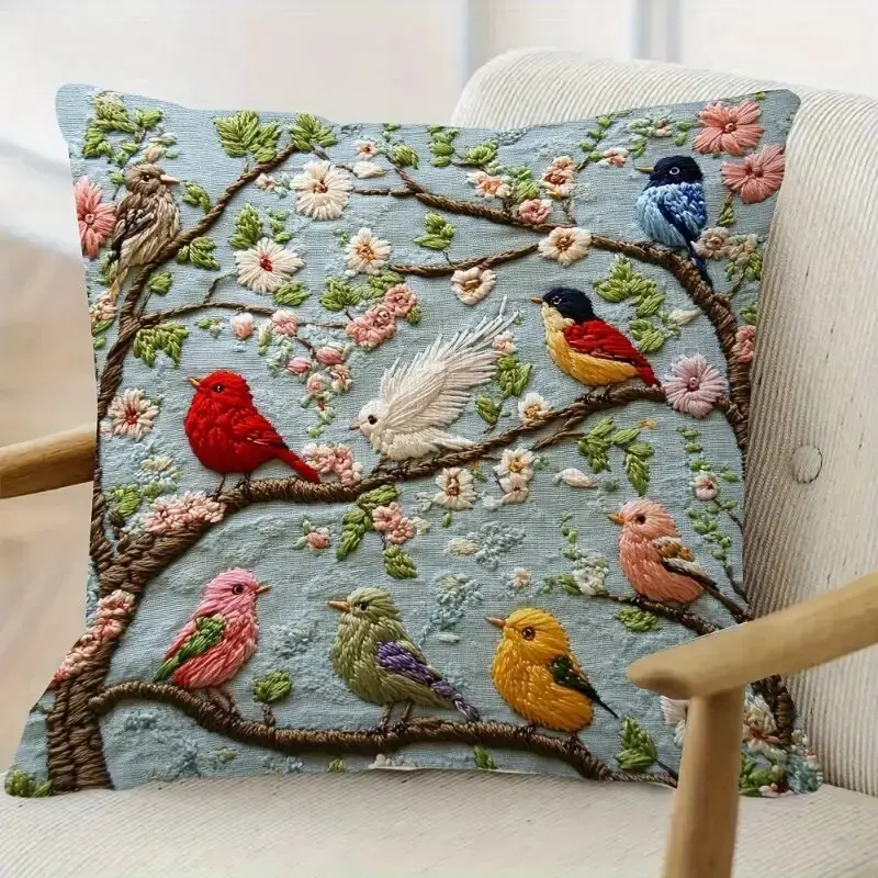 

Spring Bird Embroidery Pillow Cover Soft and comfortable Living room Sofa Cushion Cover Home Bedroom Room decoration