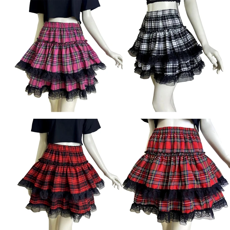 

Gothic Layered Lace Trim A Line Cake Skirt with Plaids Pattern for Campus Wear N7YF