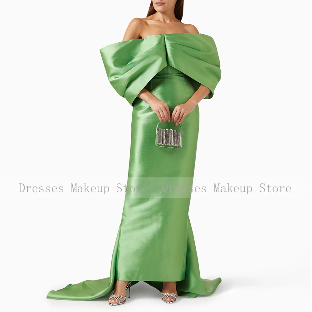 Bud Green Wedding Guest Dresses for Women Off the Shoulder Column Evening Gowns Maxi Satin Sheath Sweep Train Simple Prom Gown