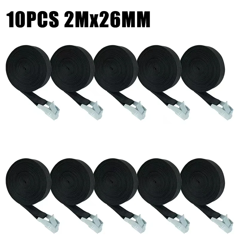 10pcs Black 2m*26mmTie Down Strap Strong Ratchet Belt Luggage Bag Cargo Lashing With Metal Buckle Heavy Duty Belt Zinc Alloy Buc