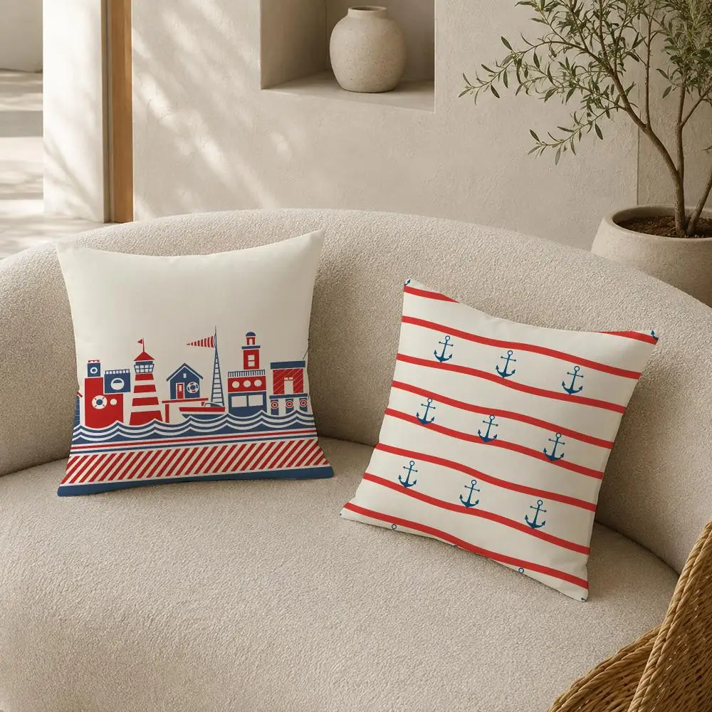 Beach House Striped Design Sailing Boats Cushion Cover Soft Short Plush Pillow Cases Hidden Zipper Cutecore Sofa Home Decor Gift 3