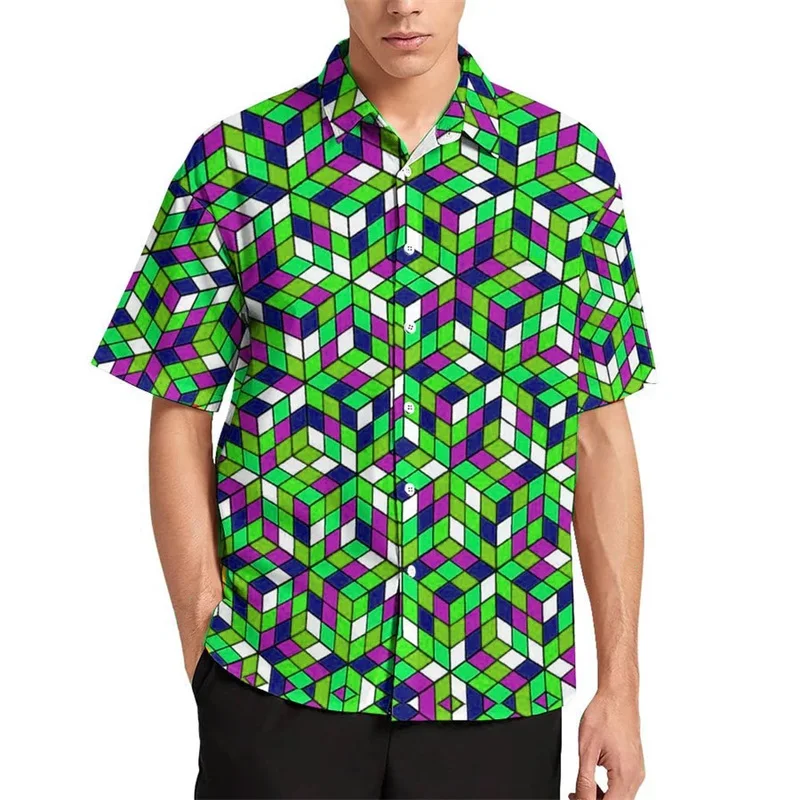 

Full Print Multi-color Rubik's Cube Print Beach Shirts For Men Casual Short Sleeved Button Lapel Hawaiian Shirt Blouse Tops