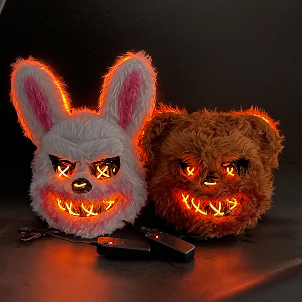 LED Glowing Cosplay Bloody Rabbit Bear Mask Halloween Scary Killer Bunny Simulate Animal Fur Mask Masquerade Horror Costume Prop