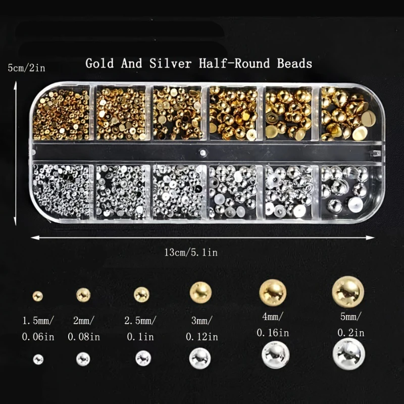 12 siatka/pudełko złoto srebro półokrągły koralik kawiorowy akcesoria do paznokci 1.5 ~ 5mm Flatback okrągłe stalowe ozdoby do paznokci narzędzia do paznokci