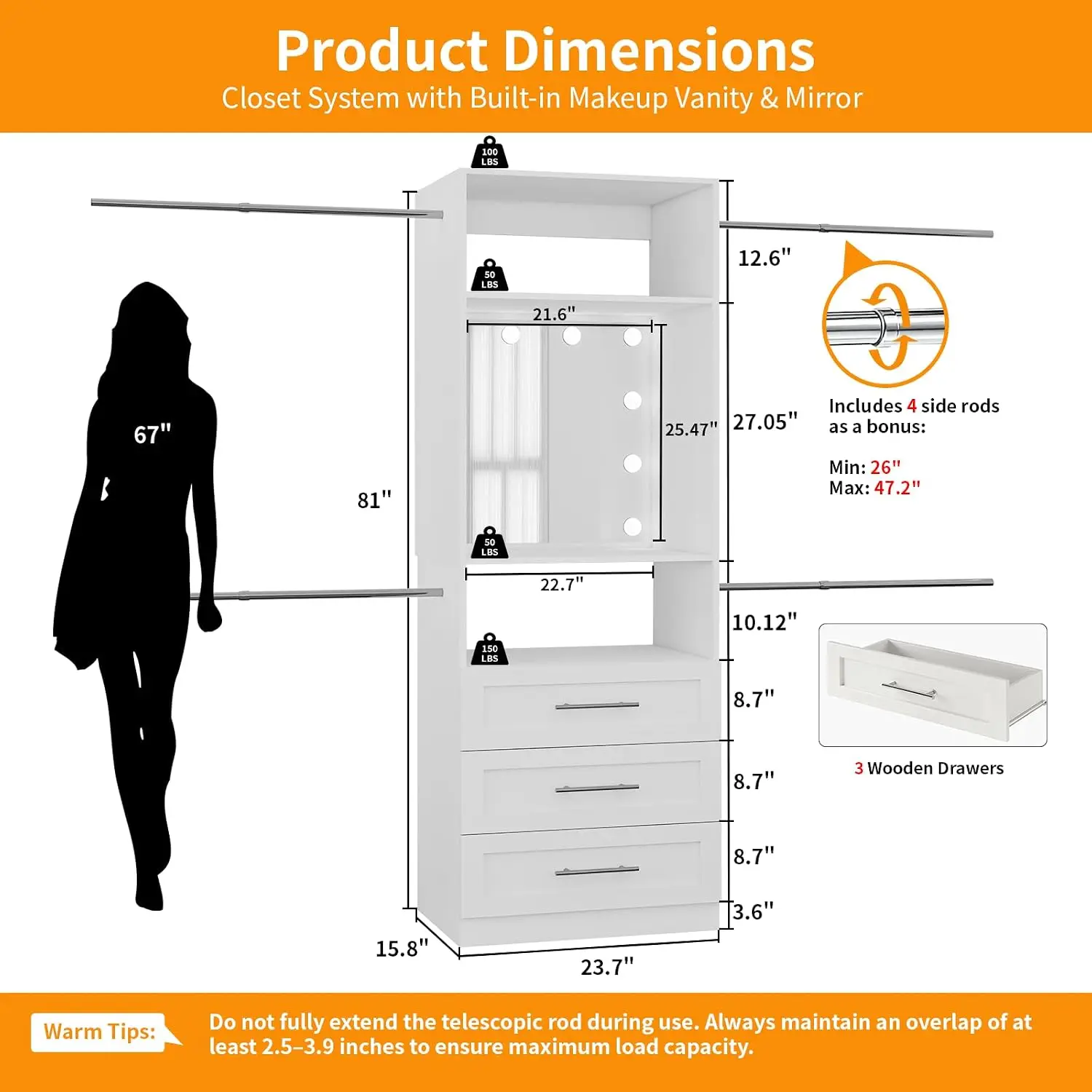 Closet Organizer System with Makeup Vanity and Lighted Mirror, 3 Drawers, 2 Shelves, 10 Bulbs (3 Color, Customized
