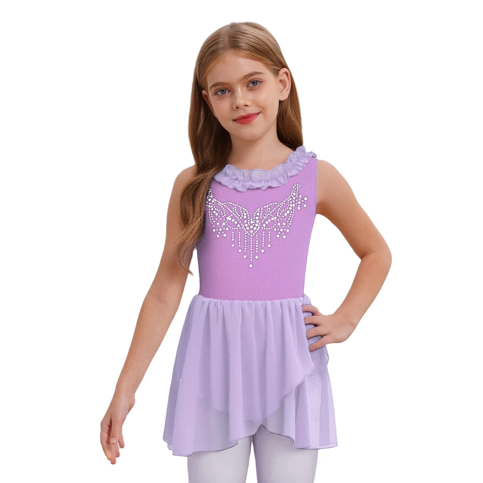 

Kids Girls Ballet Tutu Dress Shiny Rhinestones Ruffled Collar Sleeveless U-Back Dance Leotard Dress for Performance Competition