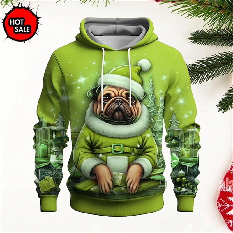 Christmas Pug Animal Hoodie Men's Clothing 3D Printed Personality Santa Claus Pattern Kids Hoodies Festival Trend Unisex Hooded