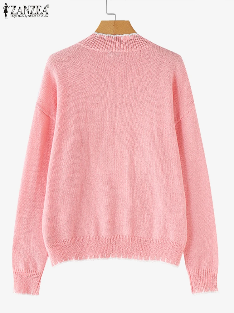 ZANZEA Damskie swetry z długim rękawem 2025 Jesień Stójka Codzienne swetry z nadrukiem kokardki Modne zimowe swetry oversize