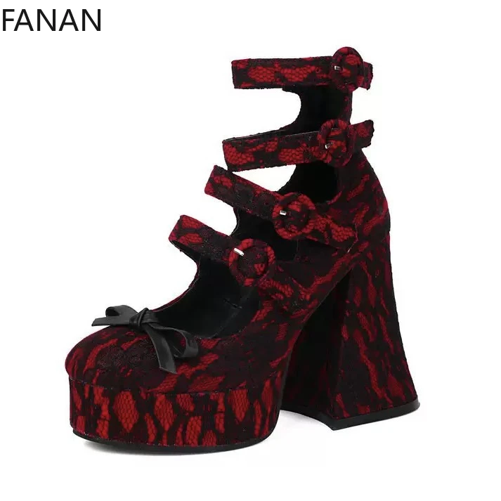 مثير ماري جين لوليتا أحذية للنساء عالية الكعب لطيف القوس جولة تو كعب مكتنز الفم الضحلة مضخات الأحمر مضخات