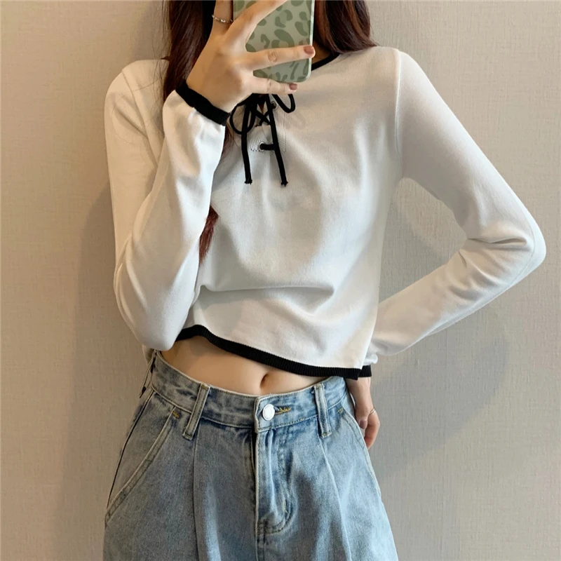 Bandage T-shirts Women Slim Trendy Versatile Elegant Sweet Japanese Style Prevalent Cropped Spring Autumn Normcore College Chic