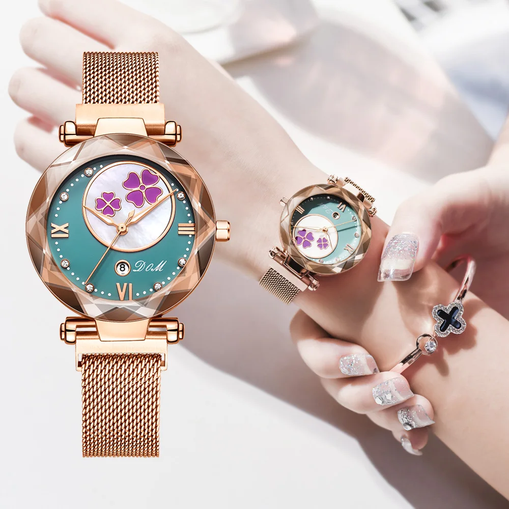 

DOM Watch Women Waterproof Steel Watches Luxury Diamond encrusted flower dial Quartz Wristwatch Female Clock Charms Ladies Gift