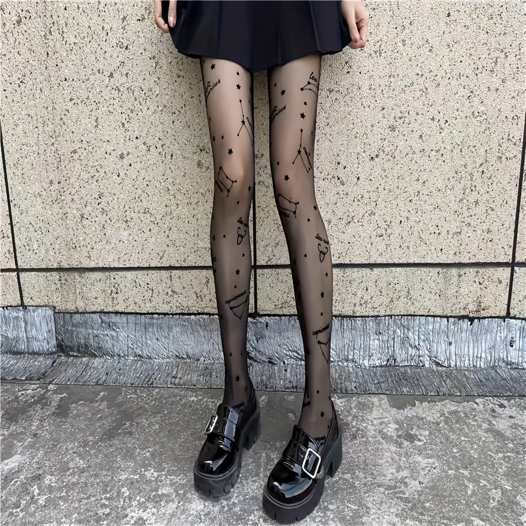 A pair of new constellation print pantyhose summer transparent thin breathable black stockings