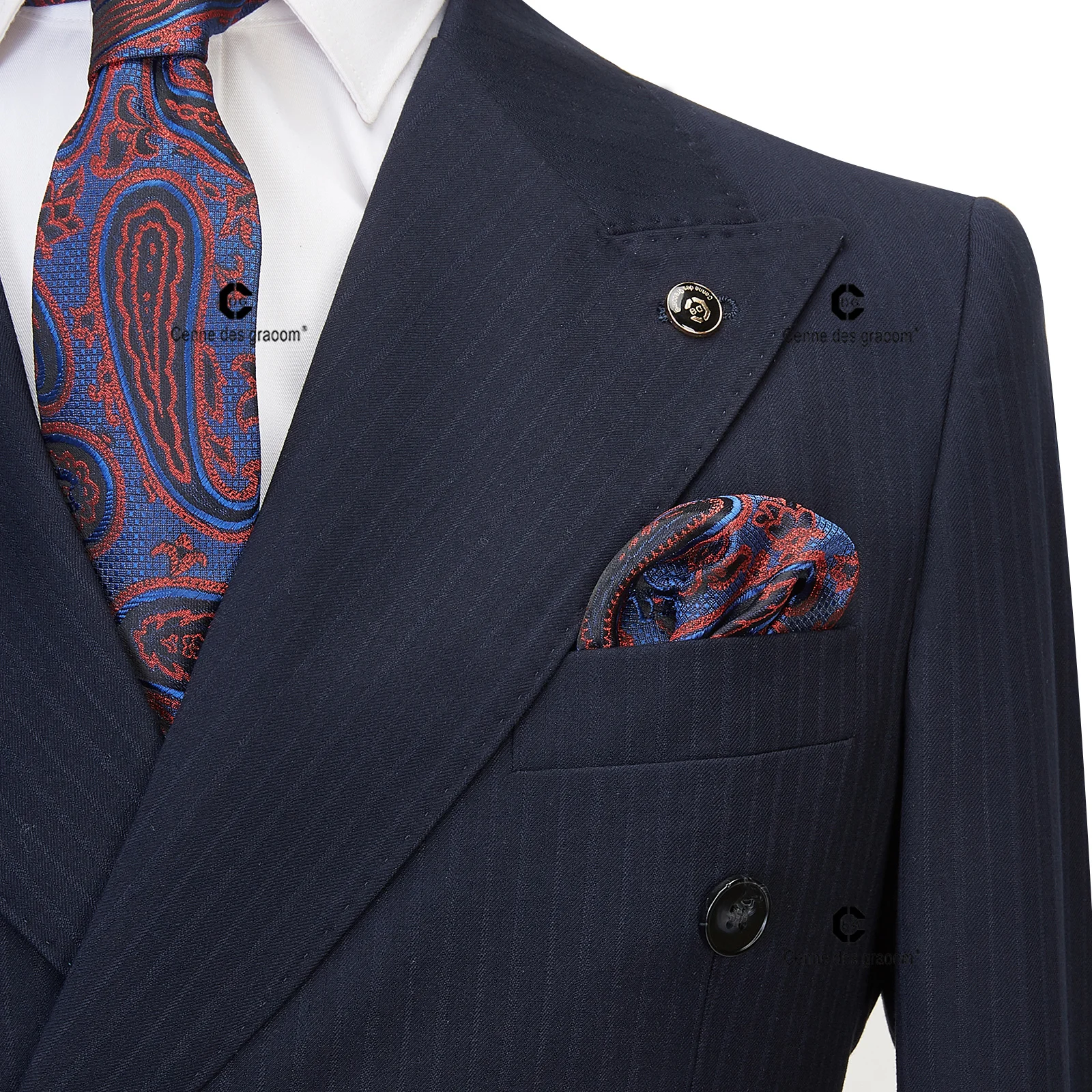 Cenne Des Graoom 2024 trajes de hombre a rayas azules y negras con doble botonadura, conjunto de 2 piezas hecho a medida, chaqueta, pantalones, reuniones de negocios, boda