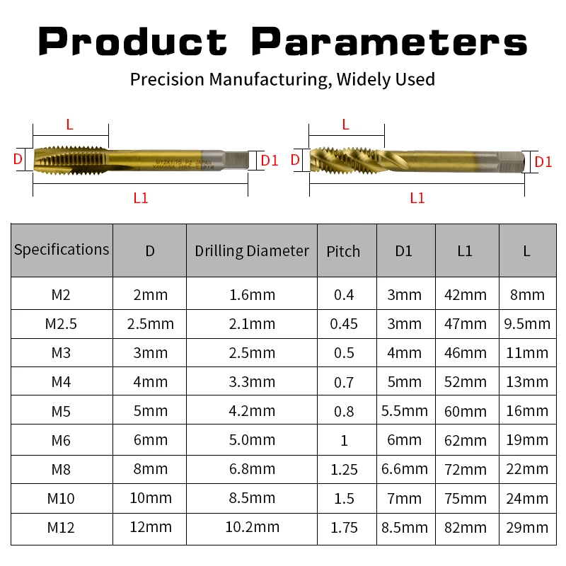 Metric Titanium Plated HSS Spiral Point Tap Spiral Flute Tap M2 M2.5 M3 M4 M5 M6 M7 M8 M10 M12  Machine Plug Tap Screw Thread