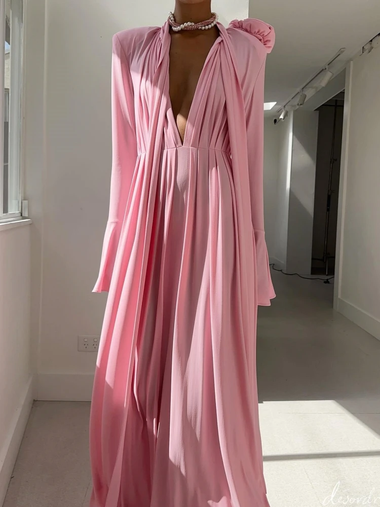 Women Flare Sleeve Pleated 3D Flower Dress Sexy Pink Deep V Neck Long Sleeve Split Long Dresses Elegant Evening Party Gowns