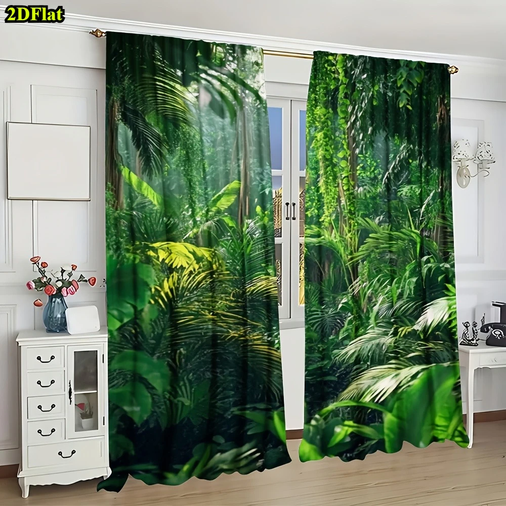 2pcs Jungle Rainforest Curtains Dense Green Palm Leaf Fern Print Drape Living Room Window Treatment Exotic Botanical NatureDecor
