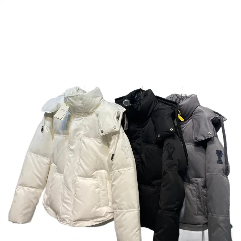 Ami* Solid Color Windproof Crop Puffer Jacket Unisex Winter Thick Short Style 90% White Goose Down Jacket Womans Coats