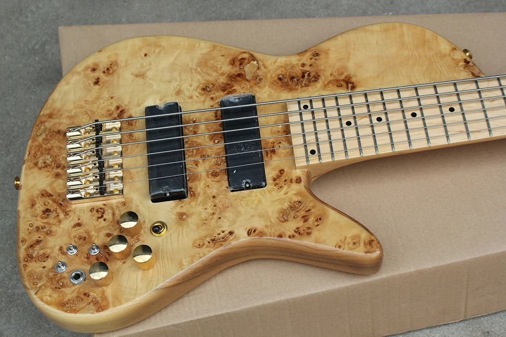 6 Strings Neck-thru-body Electric Bass Guitar with Burl Maple Veneer,24 Frets,Maple Fretboard,19 mm