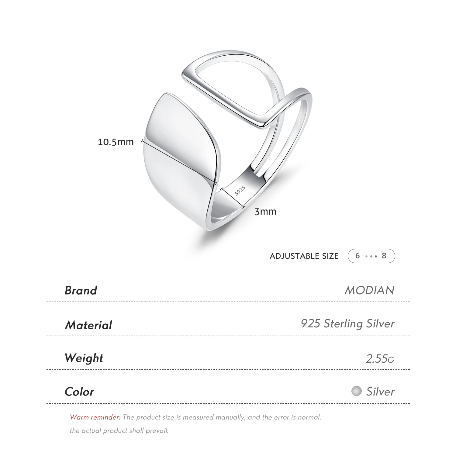 MODIAN 925 Sterling Silver Asymmetry Hollow Out Ring Trendy Smooth Adjustable Size 6-8 Rings Fine Jewelry For Women Party Gift