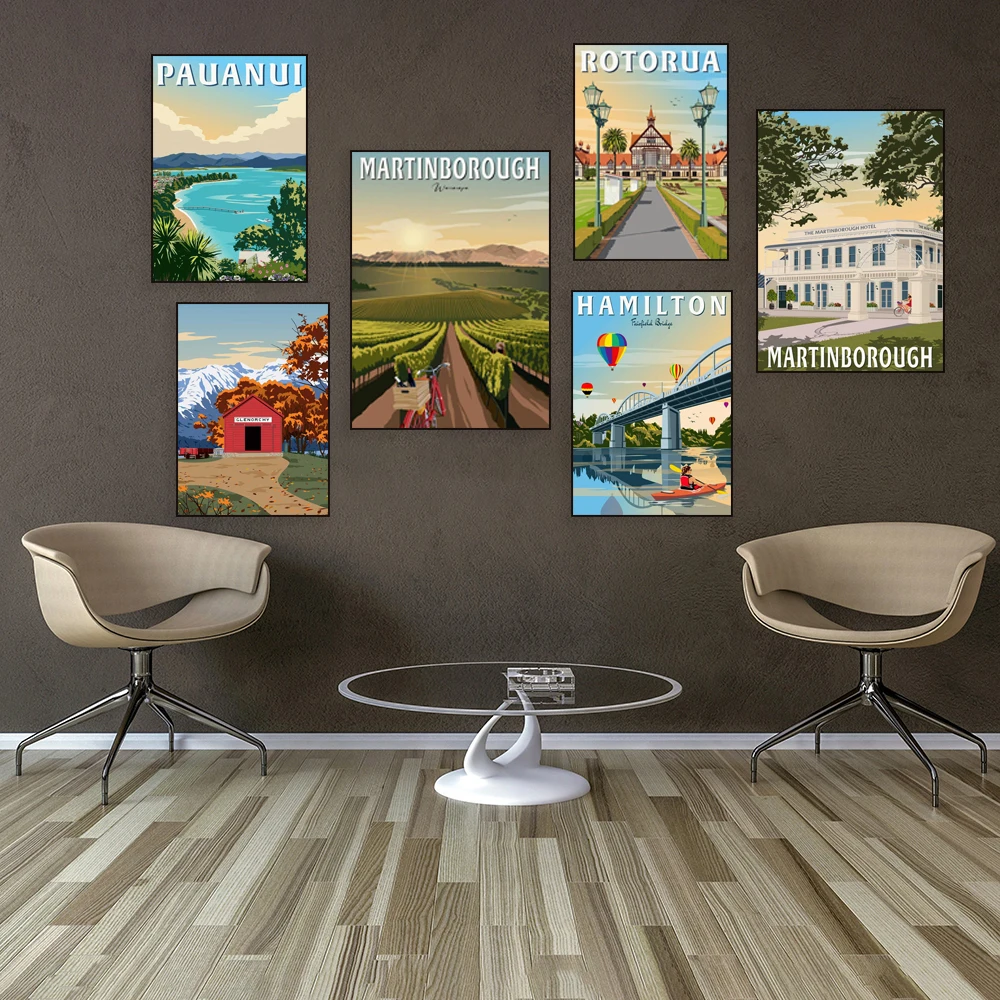 New Zealand Gisborne, Rotorua, Akaroa, Martinborough Vineyards, Hamilton-Fairfield Bridge, Auckland, Devonport Travel Poster